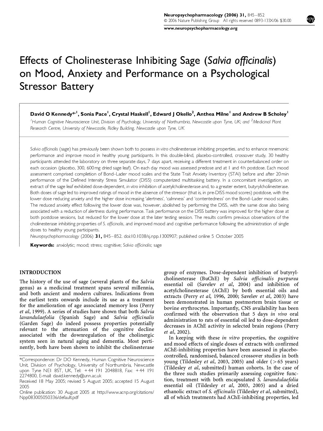 Featured image for “Effects of Cholinesterase Inhibiting Sage (Salvia officinalis) on Mood, Anxiety and Performance on a Psychological Stressor Battery”