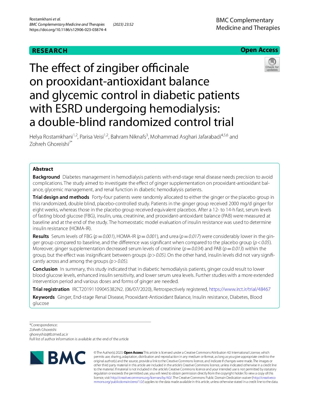 Featured image for “The effect of zingiber officinale on prooxidant‑antioxidant balance and glycemic control in diabetic patients with ESRD undergoing hemodialysis: a double‑blind randomized control trial”