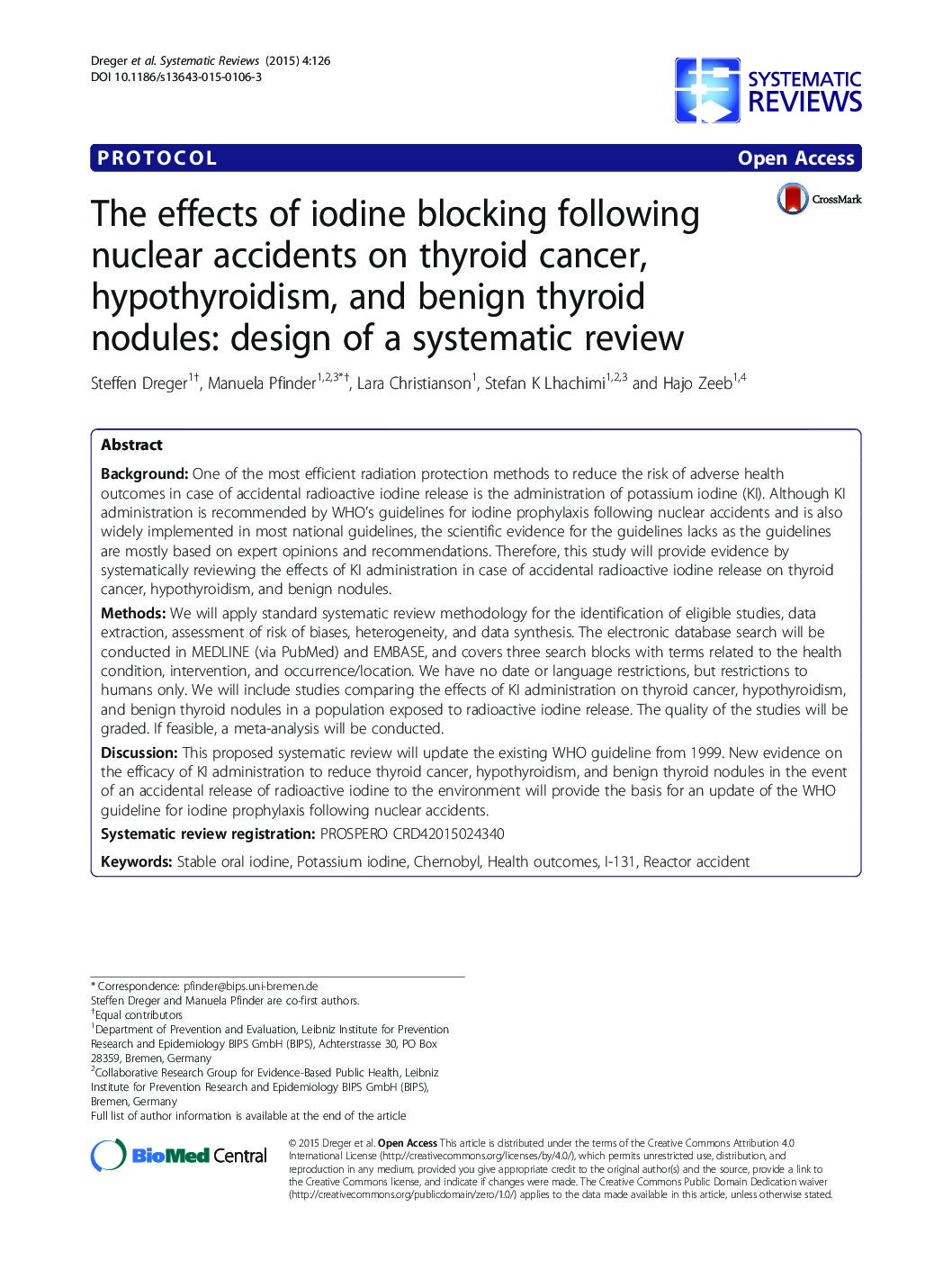 Featured image for “The effects of iodine blocking following nuclear accidents on thyroid cancer, hypothyroidism, and benign thyroid nodules: design of a systematic review”
