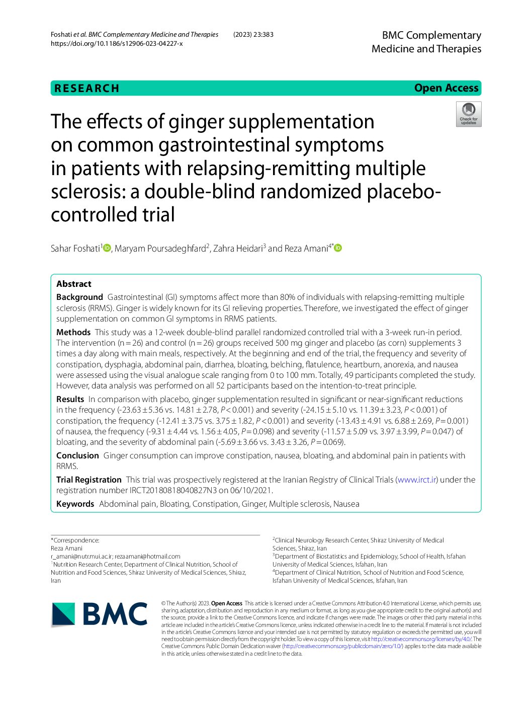 Featured image for “The effects of ginger supplementation on common gastrointestinal symptoms in patients with relapsing-remitting multiple sclerosis: a double-blind randomized placebo- controlled trial”