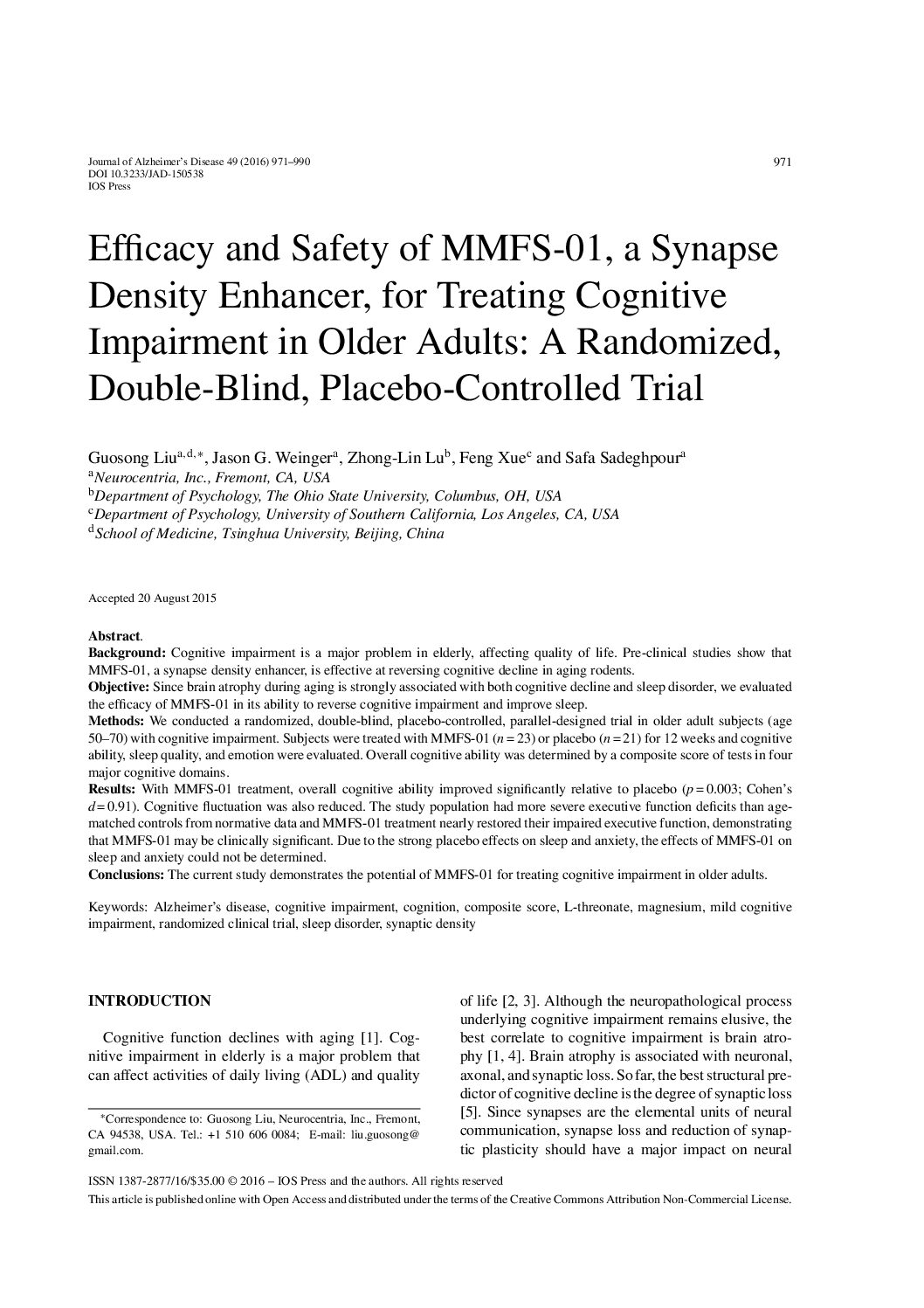 Featured image for “Efficacy and Safety of MMFS-01, a Synapse Density Enhancer, for Treating Cognitive Impairment in Older Adults: A Randomized, Double-Blind, Placebo-Controlled Trial”